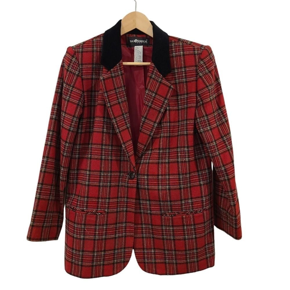VTG SAG HARBOR PLAID‎ RED WOOL BLEND BOXY BLAZER 8 Medium VELVET 90s Academia